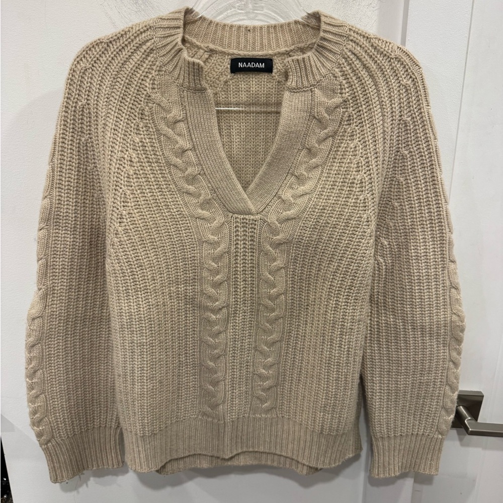 NAADAM Women's V-Neck Cable Knit Sweater in Beige